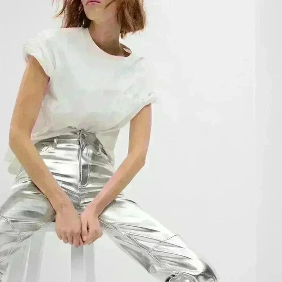 ๐ NWT ๐ Gap High Rise Vegan Leather Cheeky Straight Pants, Silver, Size 4 Long - Picture 7 of 9